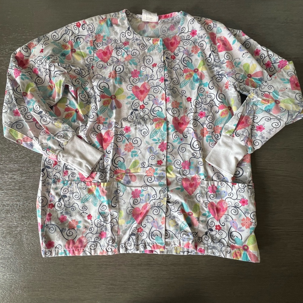 Colorful Heart and Swirl Patterned Scrub Jacket